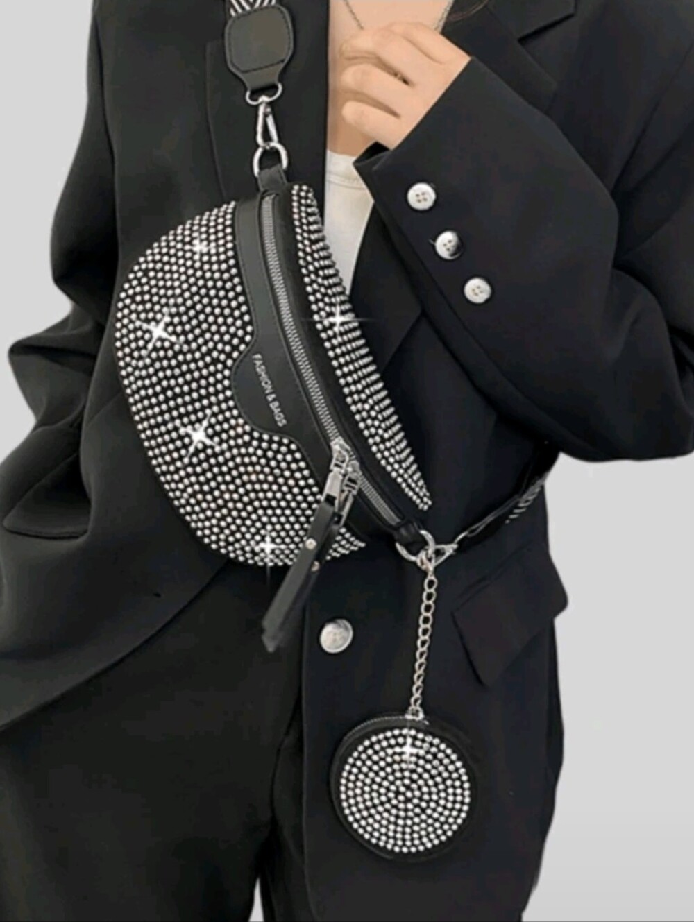 Crystal Studded Black Crossbody Belt Bag with Coin Pouch